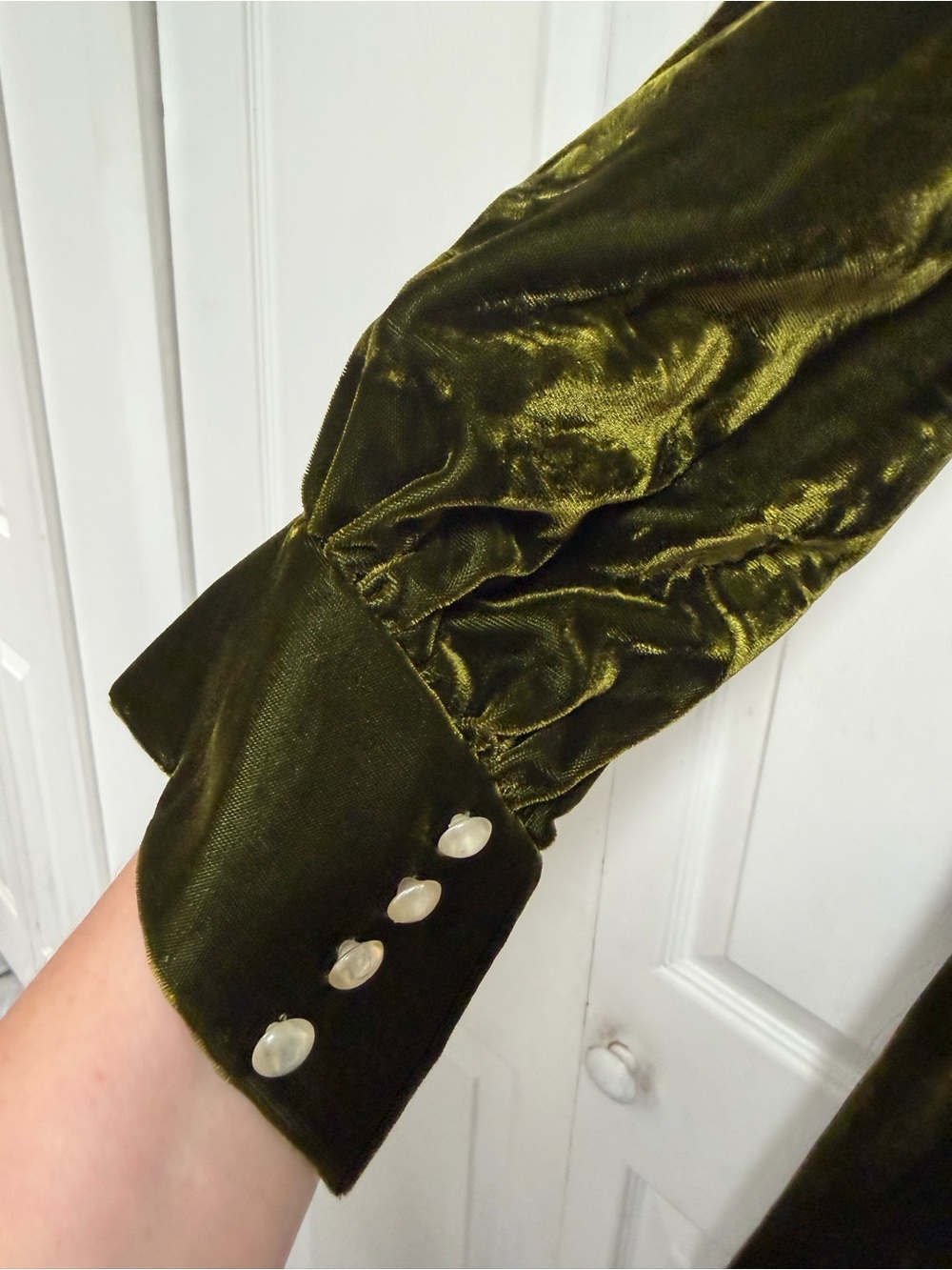 Olive Green Velvet Long Sleeve Maxi Dress with Cream Bow Vintage Size M - Picture 10 of 15